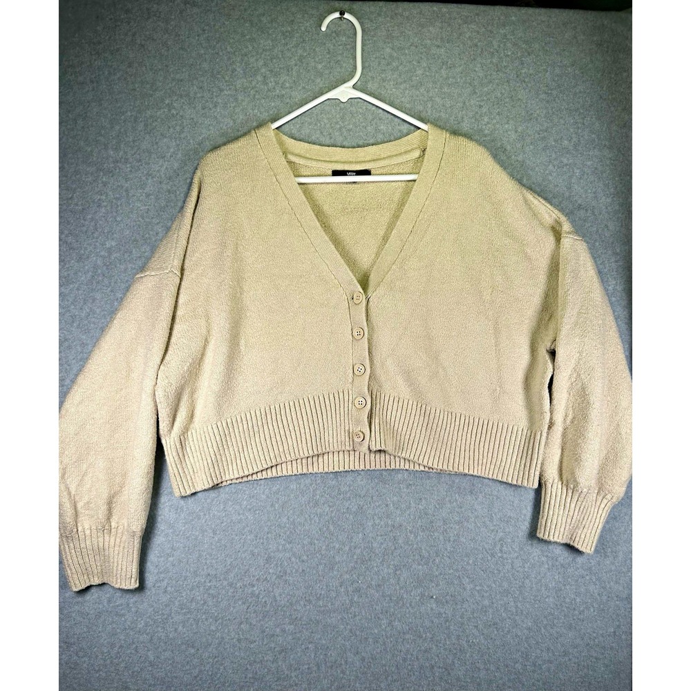 Vans Cardigan Sweater Womens L Beige Cropped V Neck Button Front Ribbed Knit